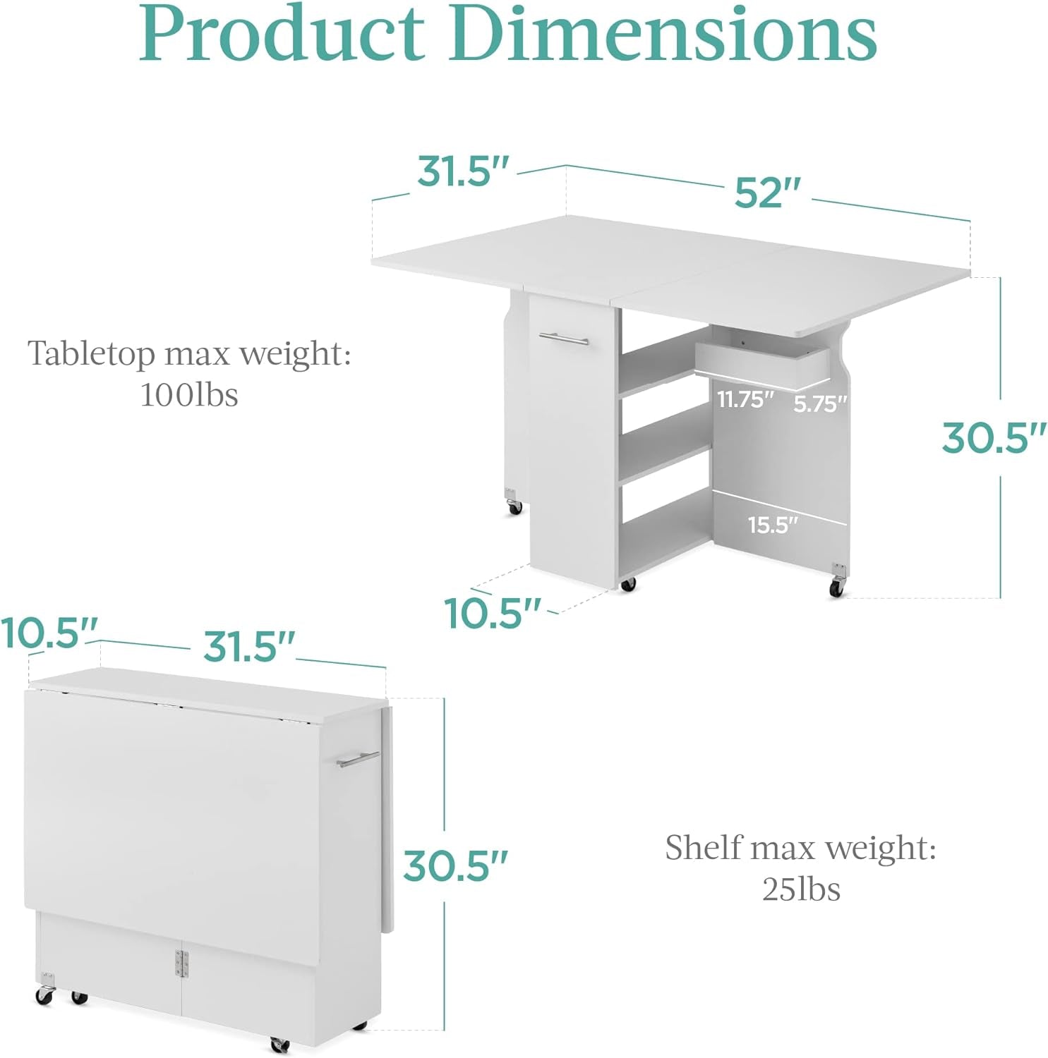 Folding Dining Table, Multipurpose Space Saving Collapsible Drop Leaf Extension Desk W/Wheels, 3 Storage Shelves - White