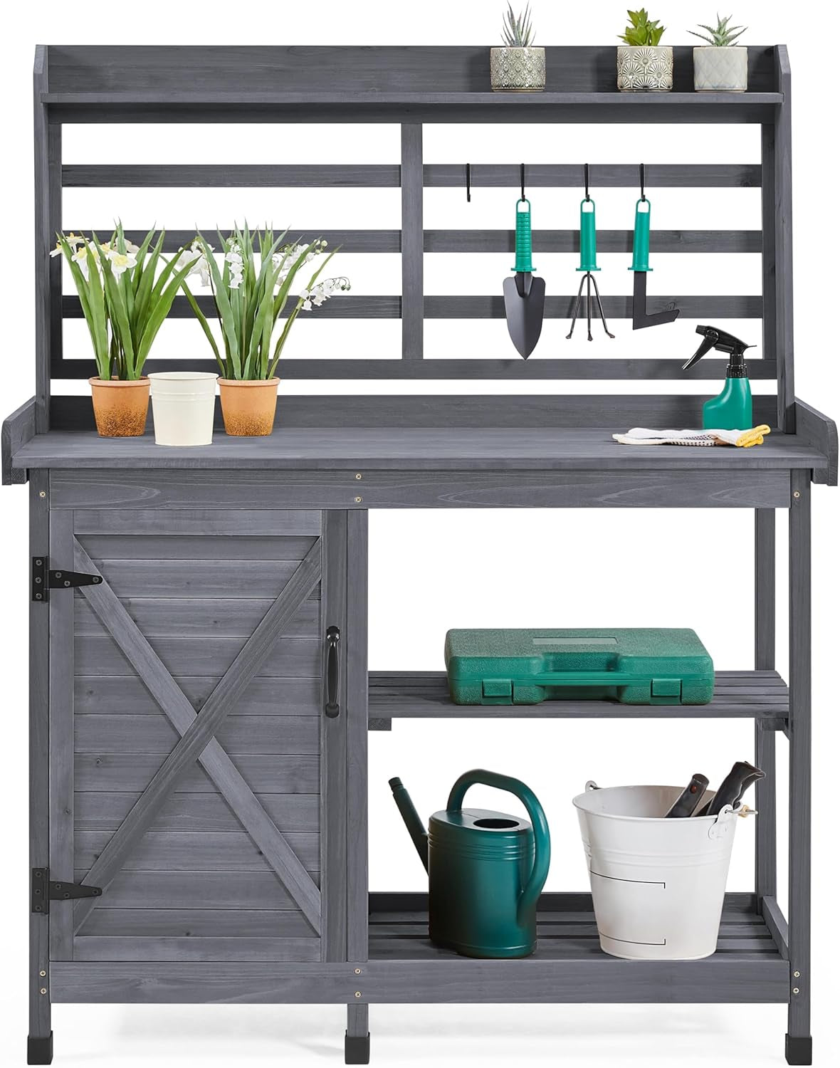 Outdoor Potting Bench, Large Horticulture Work Table Workstation with Storage Cabinet Shelf &amp; Planting Working Console for Patio/Lawn/Garden - Wood