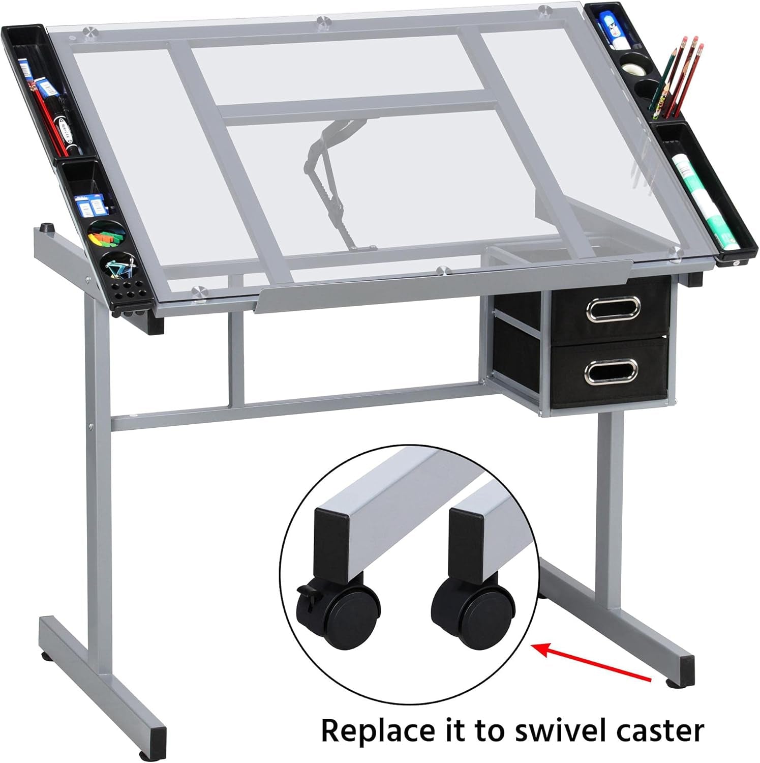 Drawing Desk Adjustable Glass Drafting Study Table for Diamond/Versatile Art Craft Station W/ 2 Slide Rolling Wheels and Drawers for Artist Painters Home Office