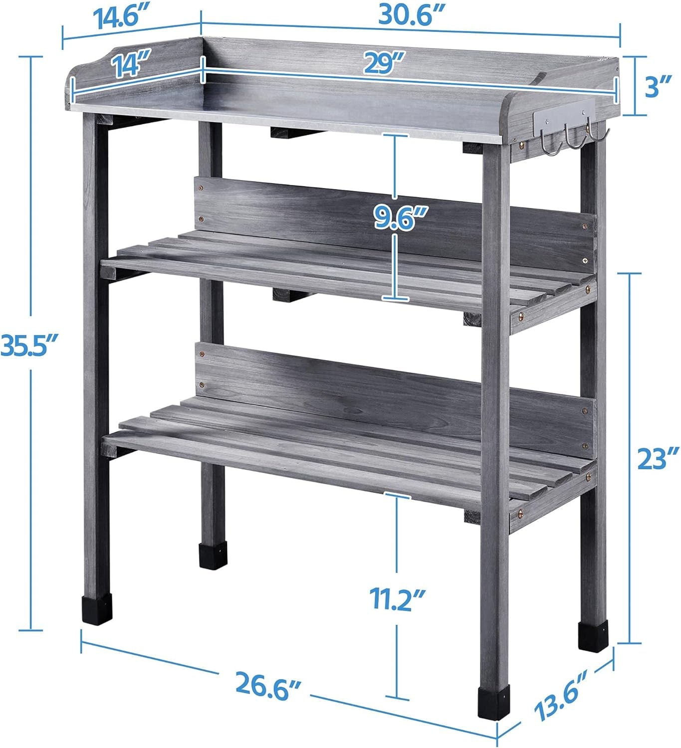 Garden Potting Table Horticulture Potting Bench W/Storage Shelf W/Metal Tabletop W/Hook 3 Shelves Workstation Work Benches Station, Gray