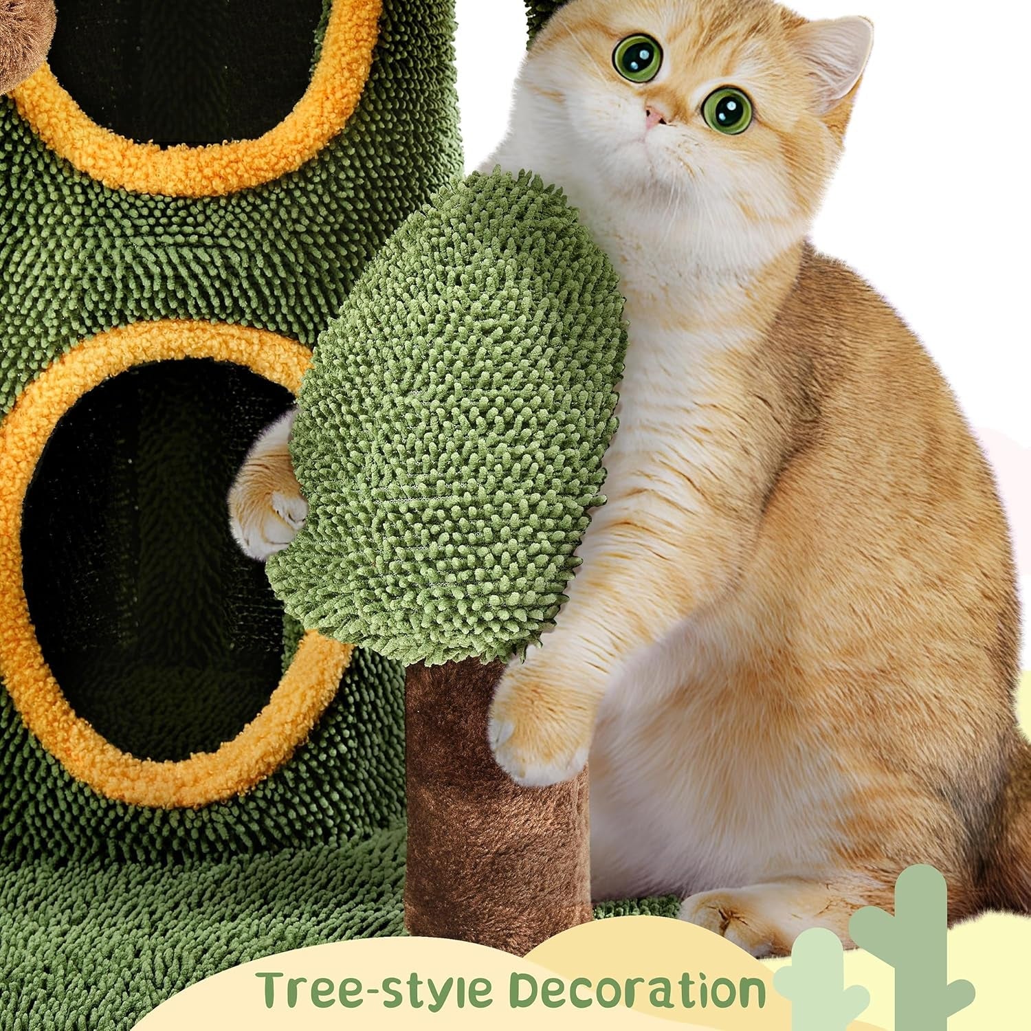 Cactus Cat Tree for Indoor Cats, 48.5In Cat Tower with 2 Large Platform, 2 Tiered Condo, Scratching Posts &amp; Dangling Balls, Oasis-Themed Cat Activity Center