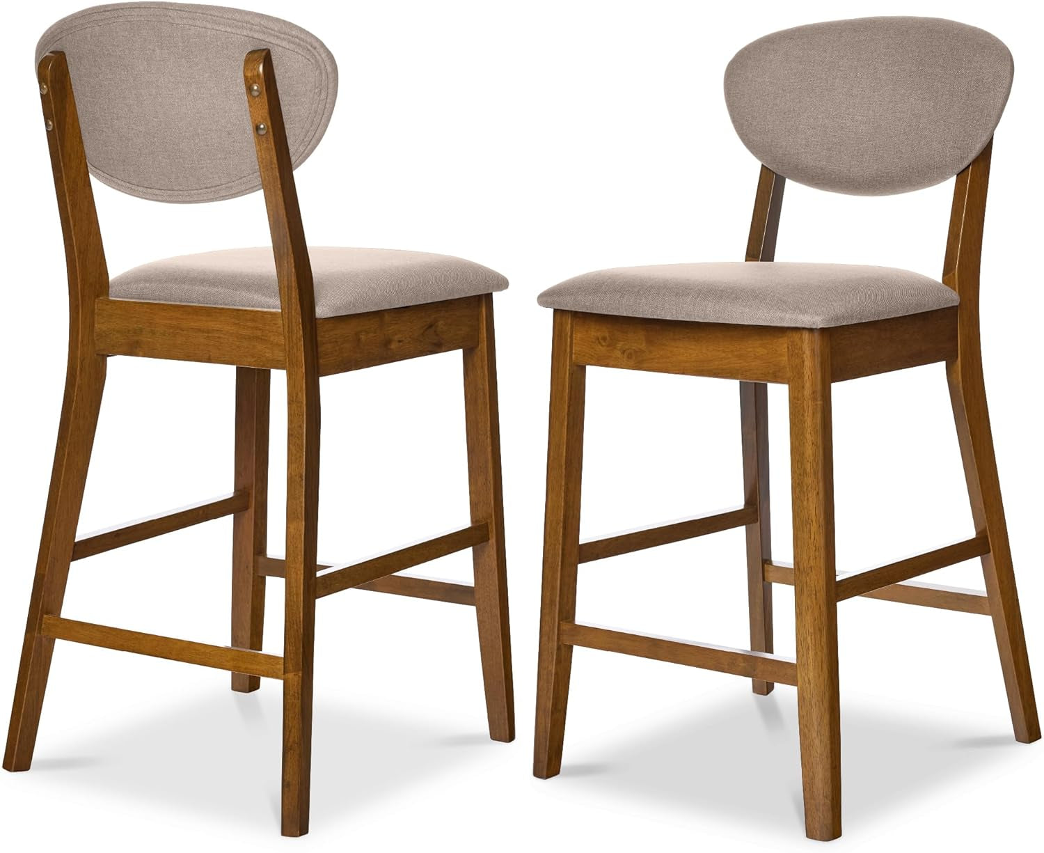 Bar Stool Set of 2, Mid-Century Modern Upholstered Wood, Armless Counter Height W/Seat Cushion, Backrest - Walnut/Cream