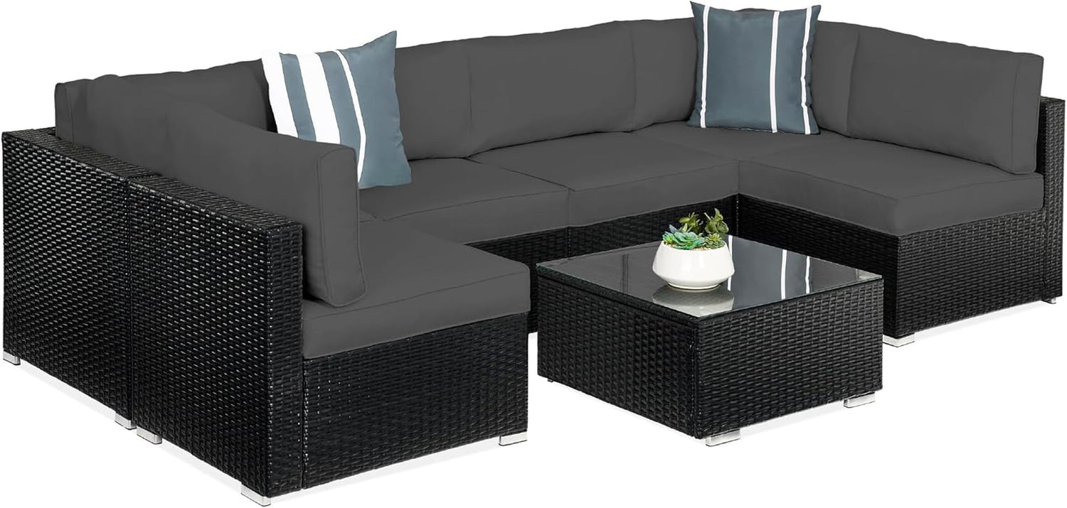 7-Piece Modular Outdoor Sectional Wicker Patio Conversation Set W/ 2 Pillows, Coffee Table, Cover Included - Gray/Navy