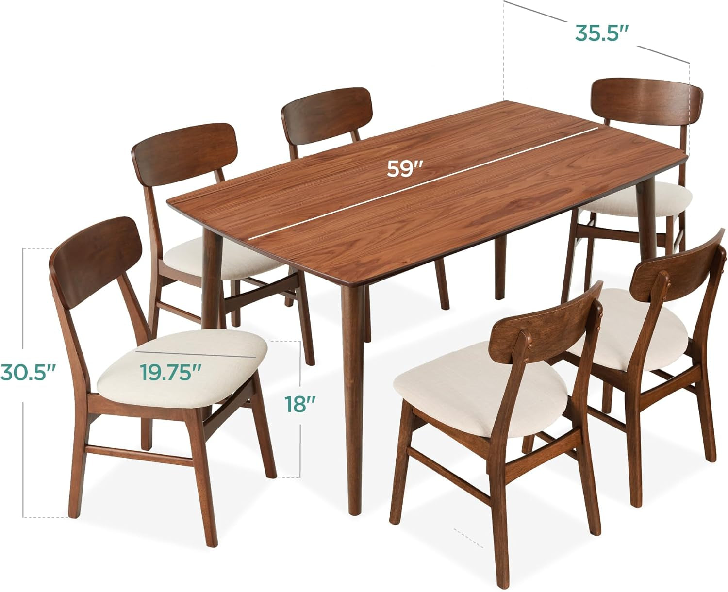 7-Piece Wooden Dining Set, Mid-Century Modern Table &amp; Upholstered Chair Set W/ 6 Chairs, Rubberwood Legs - Walnut/Cream