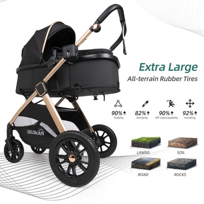 6-In-1 Convertible Baby Stroller with Bassinet Mode - Toddler Stroller W/Footmuff, Rain Cover, Cup Holder &amp; Large Storage, Newborn Stroller W/All-Scene Large Wheels, Reversible Seat(Black)