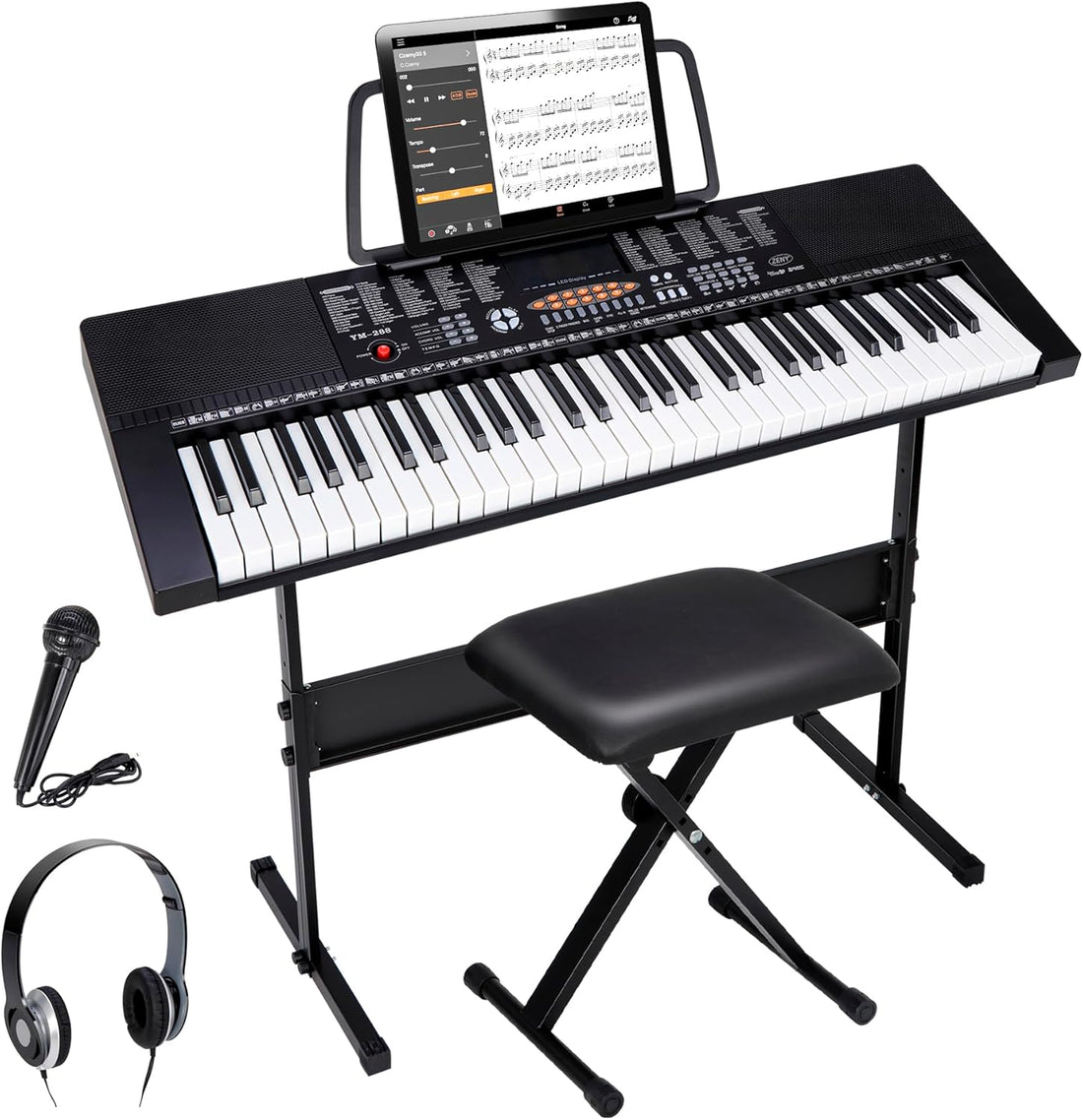 61-Key Portable Electric Keyboard Piano with Built In Speakers, LED Screen, Headphones, Microphone, Piano Stand, Music Sheet Stand and Stool