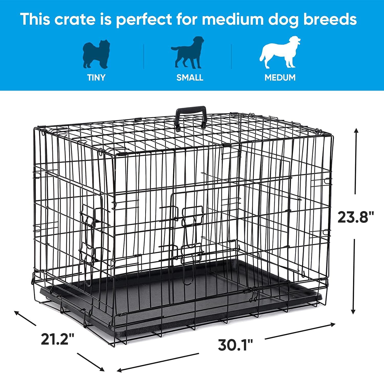 30/36/42 Inch Dog Crate Double Door Folding Metal Dog Crate Kennel with Tray and Handle