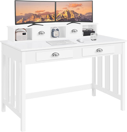 47 Inch Large Computer Desk, White Home Office Desk with 4 Storage Drawers, Modern PC Work Table Desk 23 Deep with Monitor Stand for Screen, Wood Stable Executive Table with Large Desktop