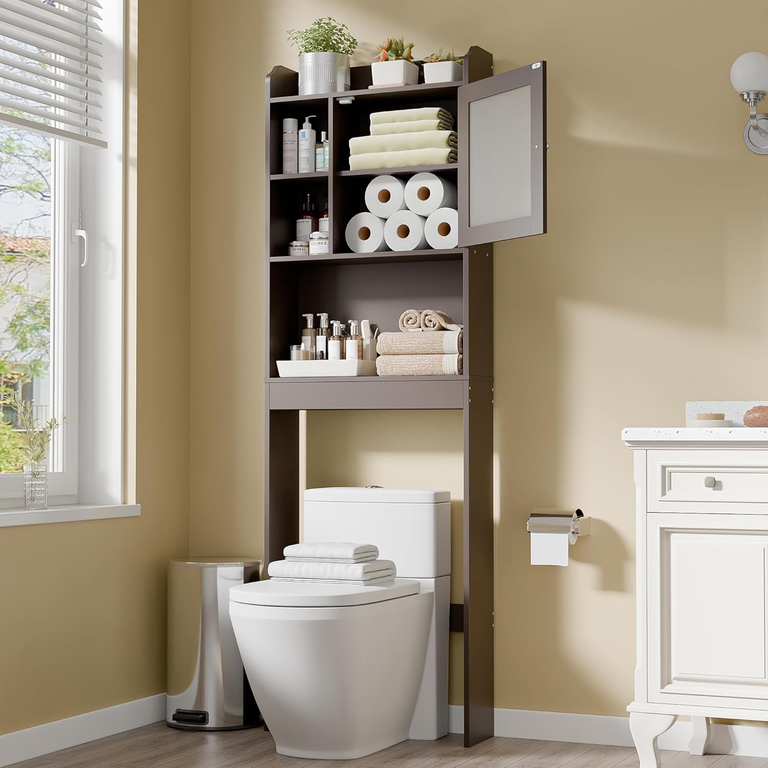 Freestanding Over The Toilet Storage Cabinet with Adjustable Shelf and Double Doors