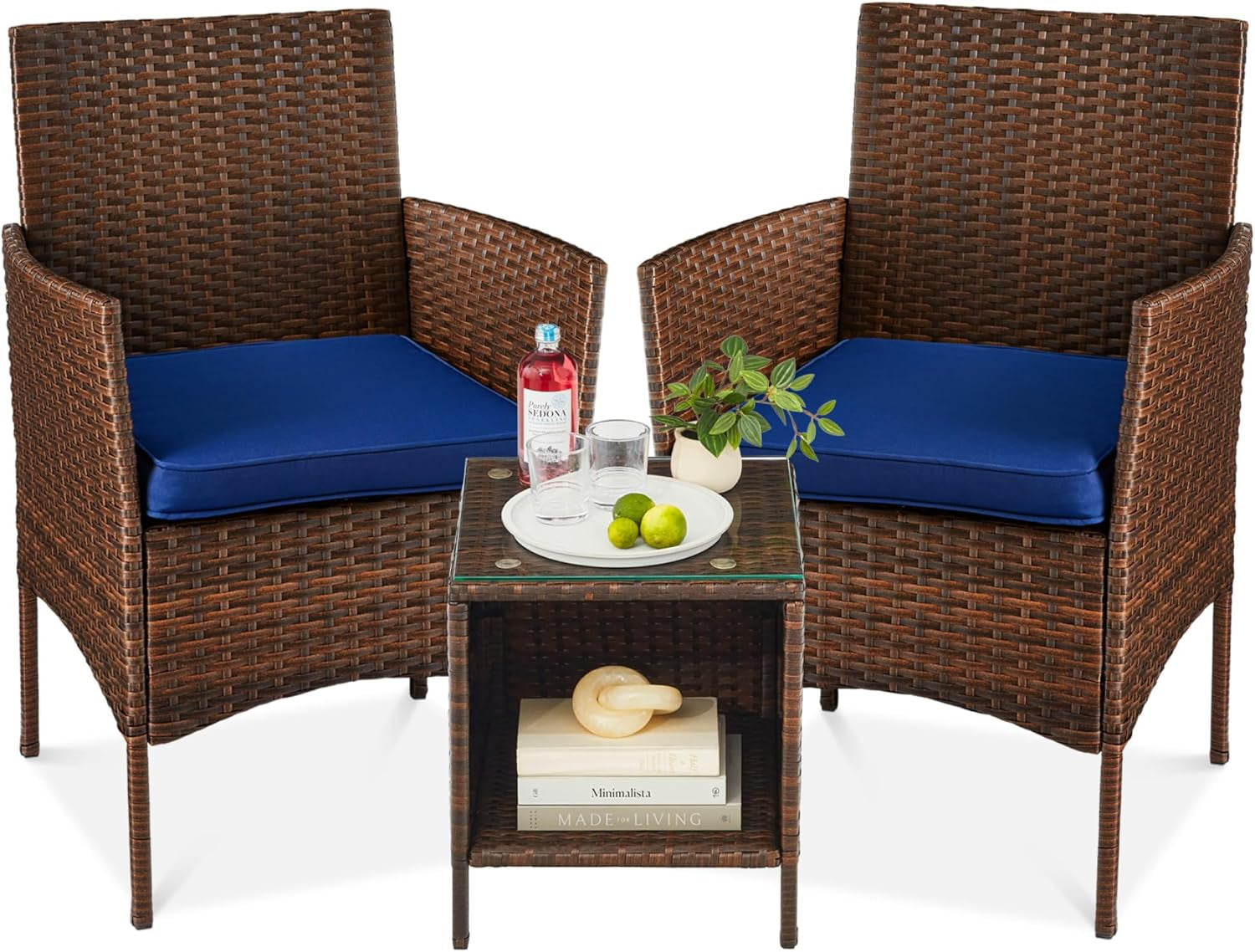 3-Piece Outdoor Wicker Conversation Bistro Set, Space Saving Patio Furniture for Garden W/Side Table - Gray/Navy