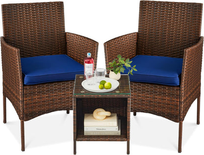 3-Piece Outdoor Wicker Conversation Bistro Set, Space Saving Patio Furniture for Garden W/Side Table - Gray/Navy