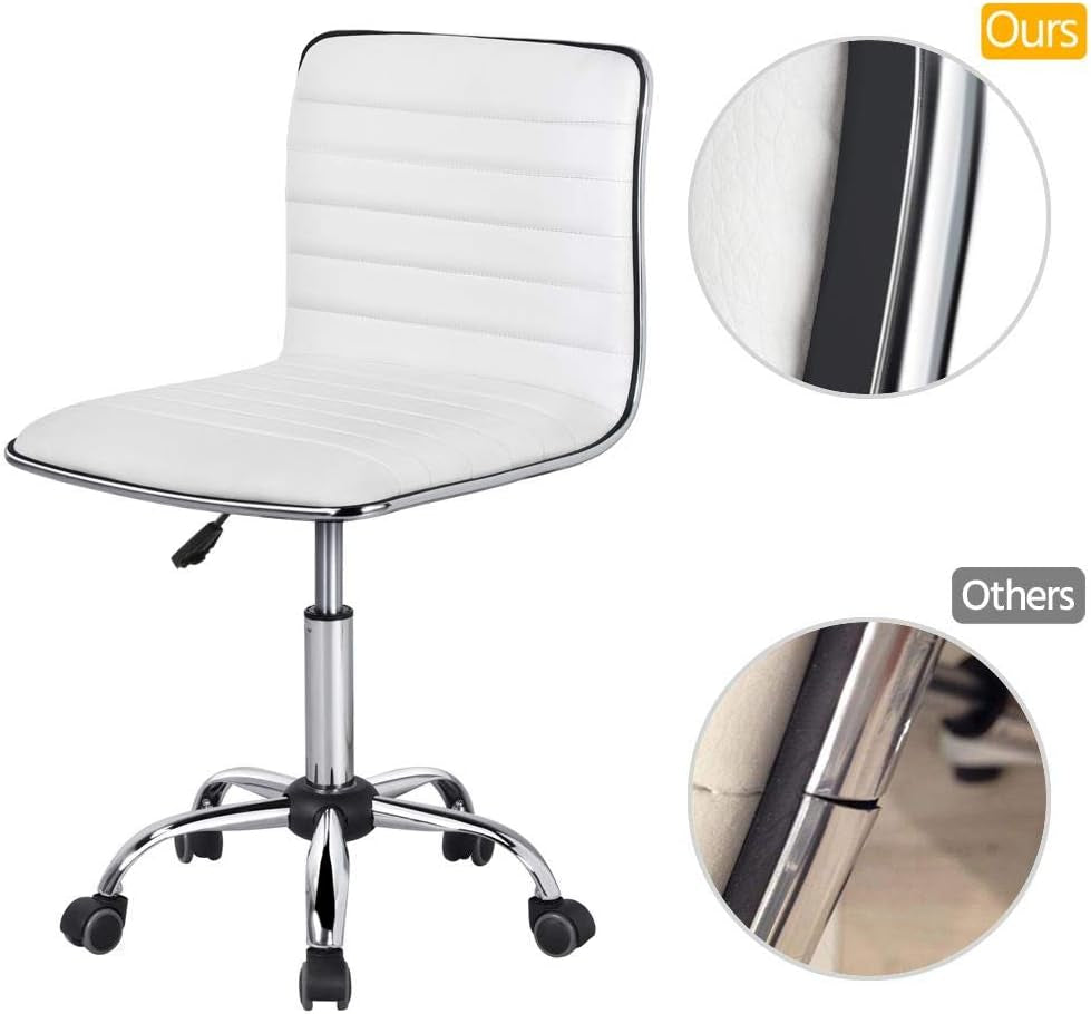 Adjustable Task Chair PU Leather Low Back Ribbed Armless Swivel White Desk Chair Office Chair Wheels