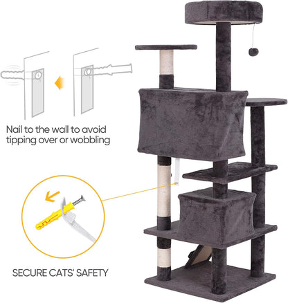 Cat Tree with Sisal-Covered Scratching Posts and 2 Plush Rooms