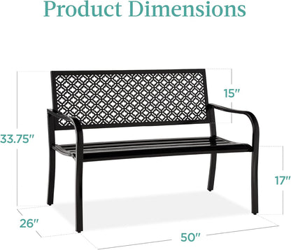 Outdoor Bench 2-Person Metal Steel Benches Furniture for Garden, Patio, Porch, Entryway W/Geometric Backrest, 790Lb Capacity – Black