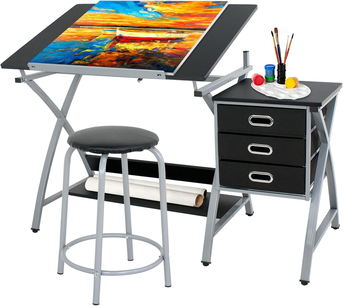 Tilted Drafting Table and Stool with Drawers