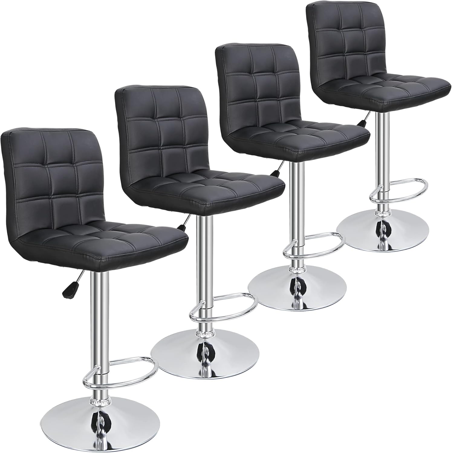 Set of 4 Modern PU Leather Adjustable Swivel Barstools with Square Back