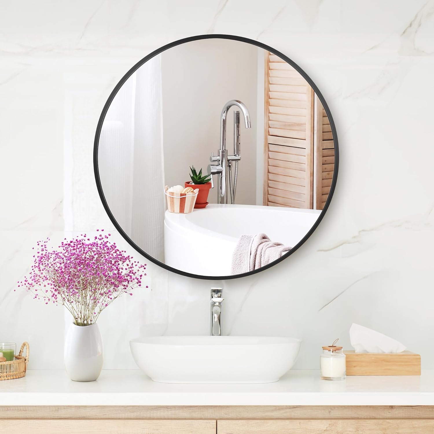 Wall Mounted Round Black Frame Bathroom Vanity Mirror