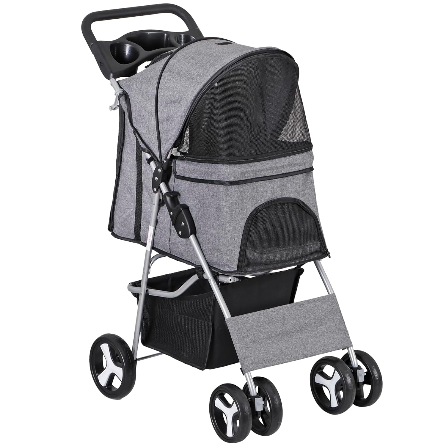 Foldable Cat/Dog Stroller with 4 Wheel with Storage Basket &amp; Cup Holder