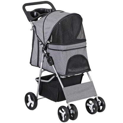 Foldable Cat/Dog Stroller with 4 Wheel with Storage Basket &amp; Cup Holder