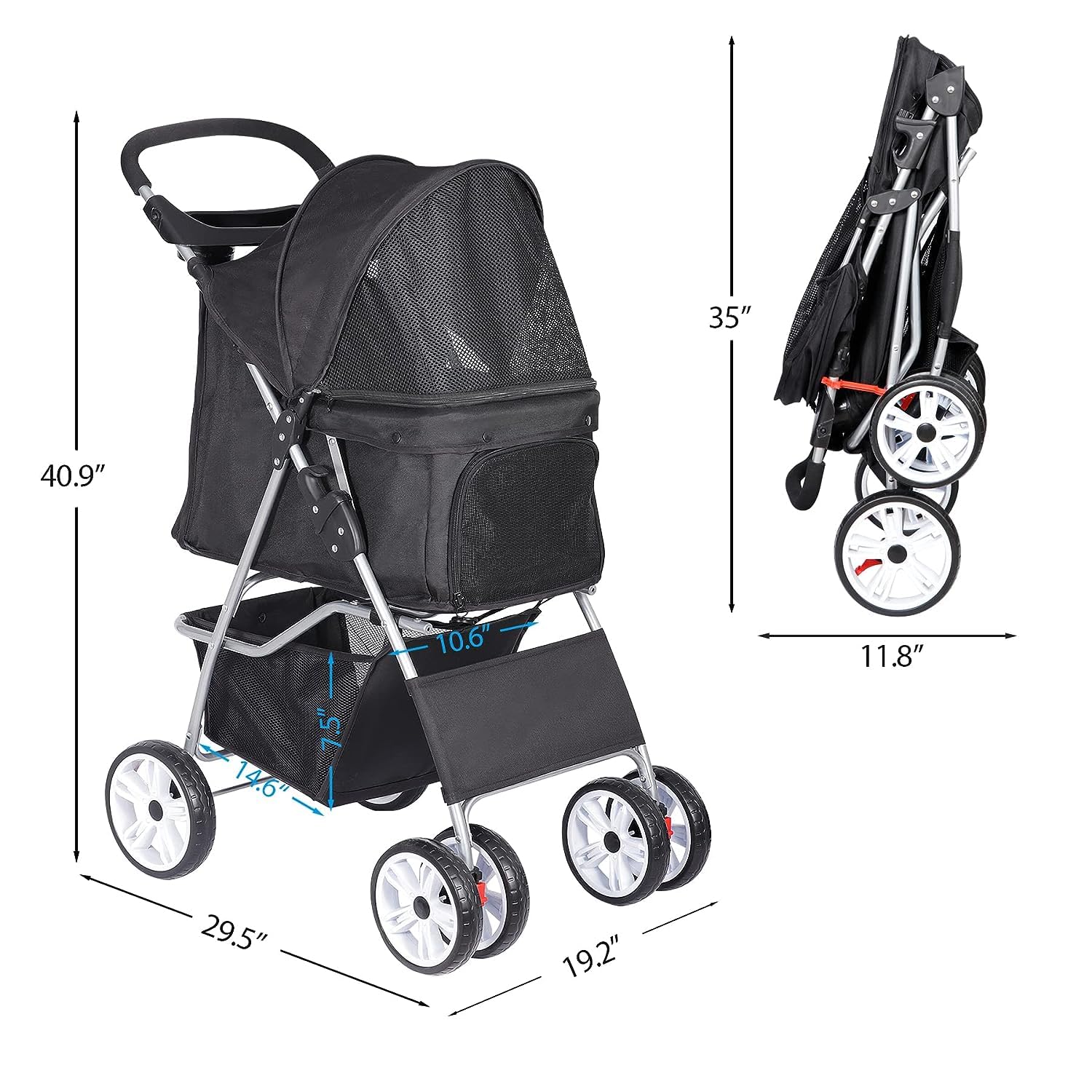 Foldable Cat/Dog Stroller with 4 Wheel with Storage Basket &amp; Cup Holder