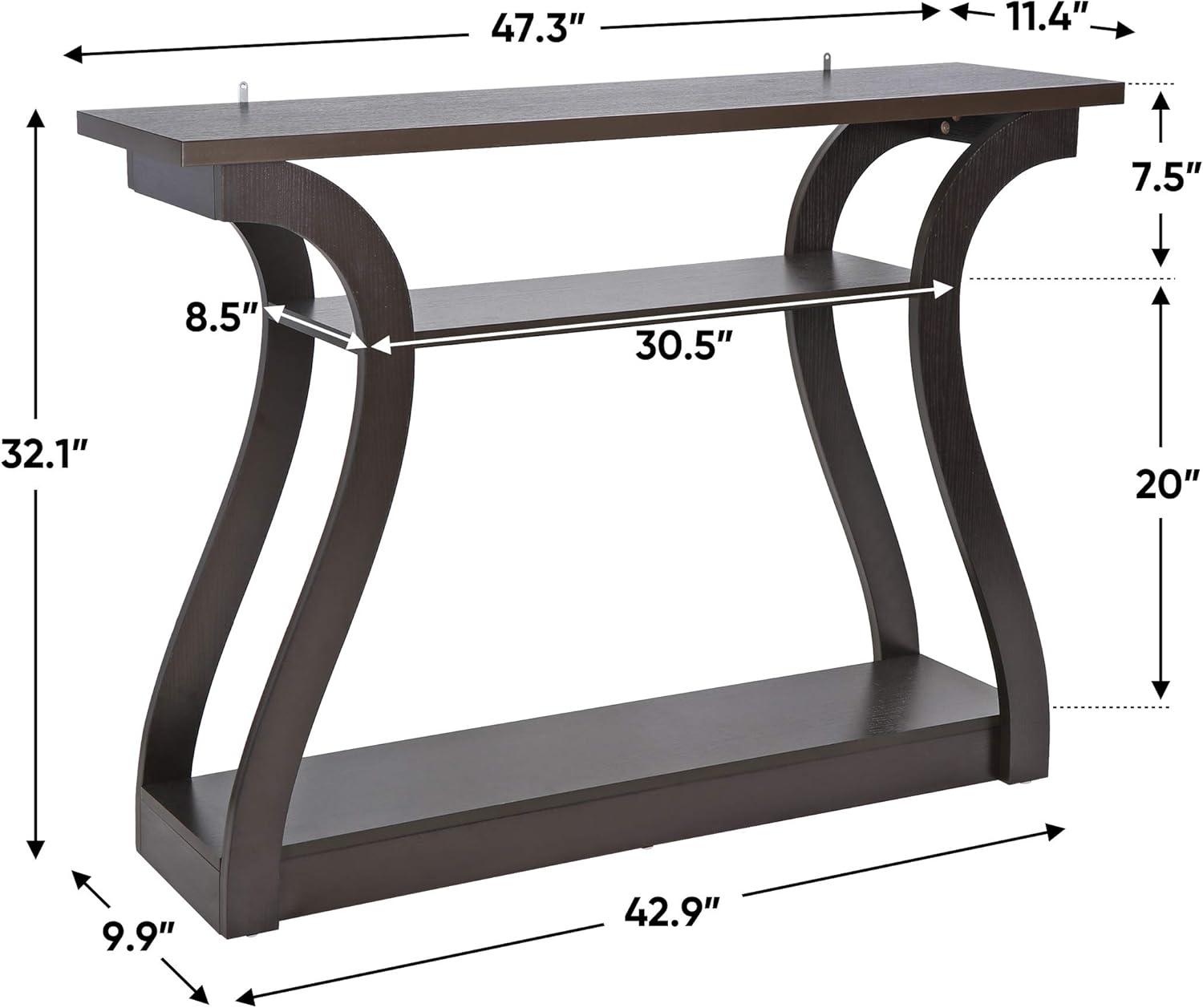 Narrow Console Table with 3-Tier Storage Shelves for Entryway, Living Room, or Hallway