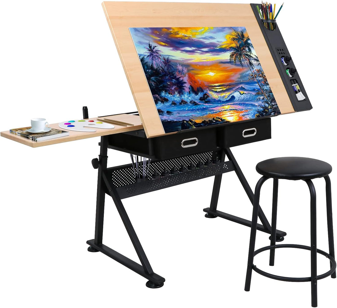 Height Adjustable Drafting Table with Stool and Storage Drawer