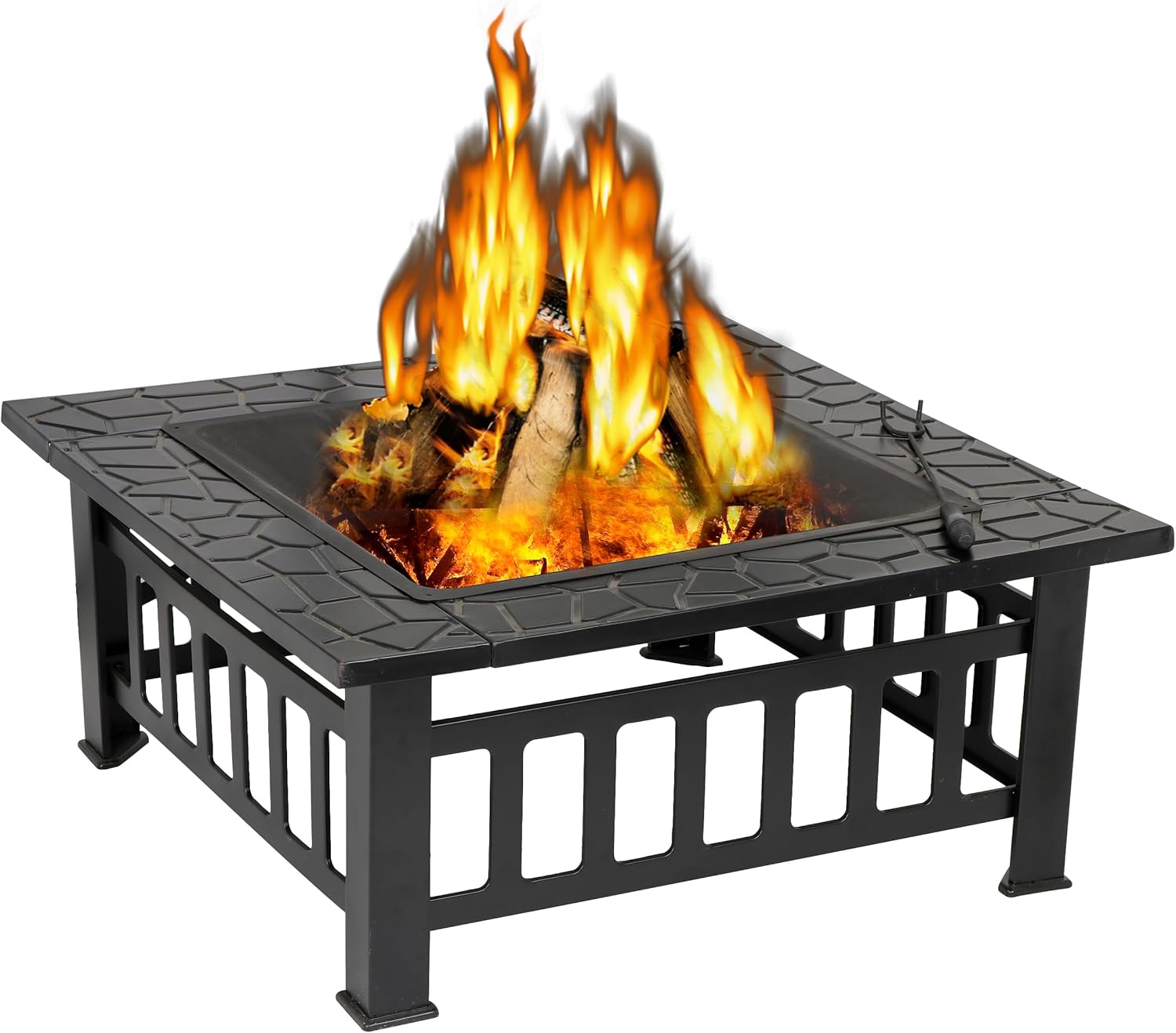 32in Outdoor Wood Burning Square Metal Firepit Table with Grill,Screen and Poker