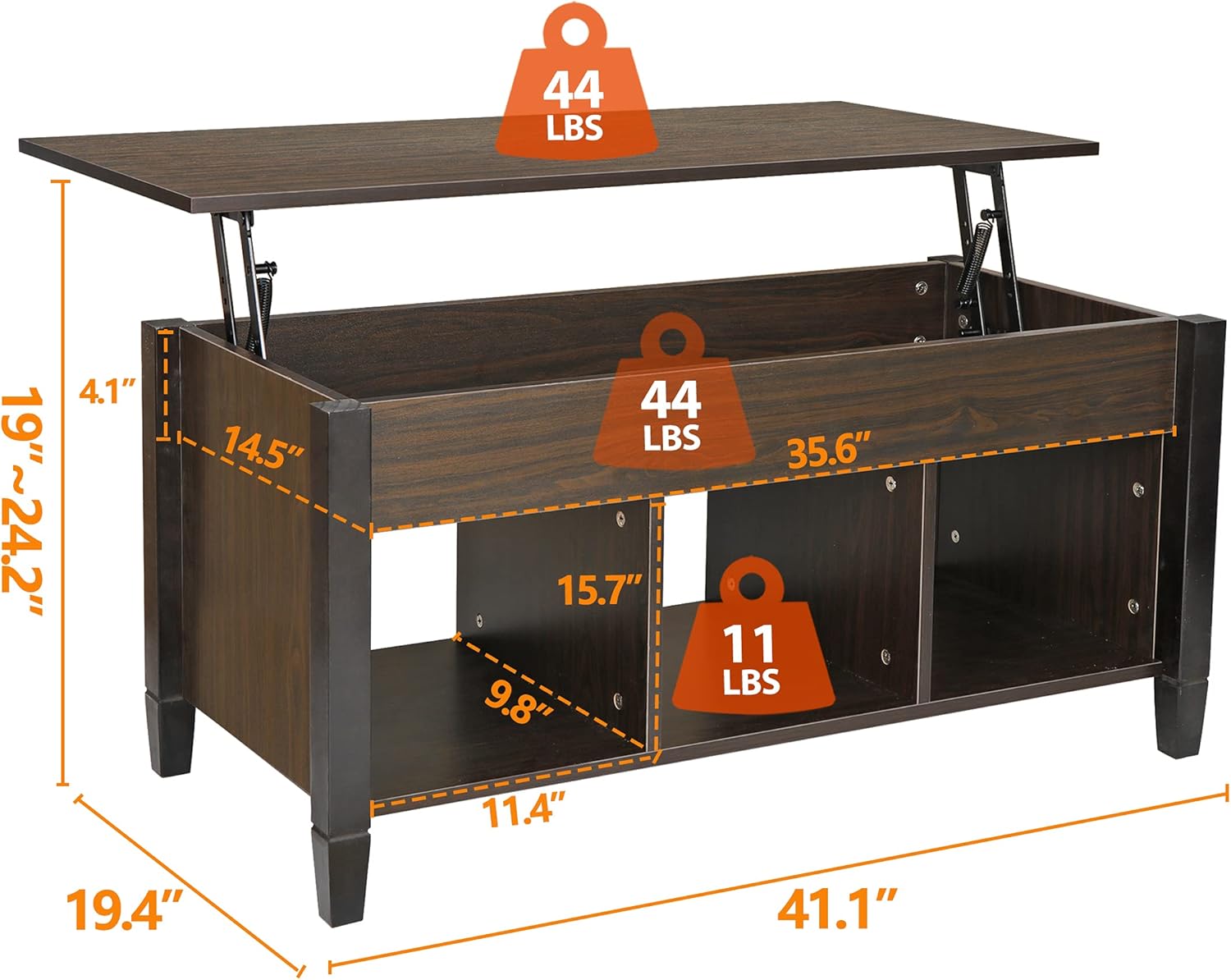 Lift Top Coffee Table with Hidden Compartment and 3 Divided Shelves