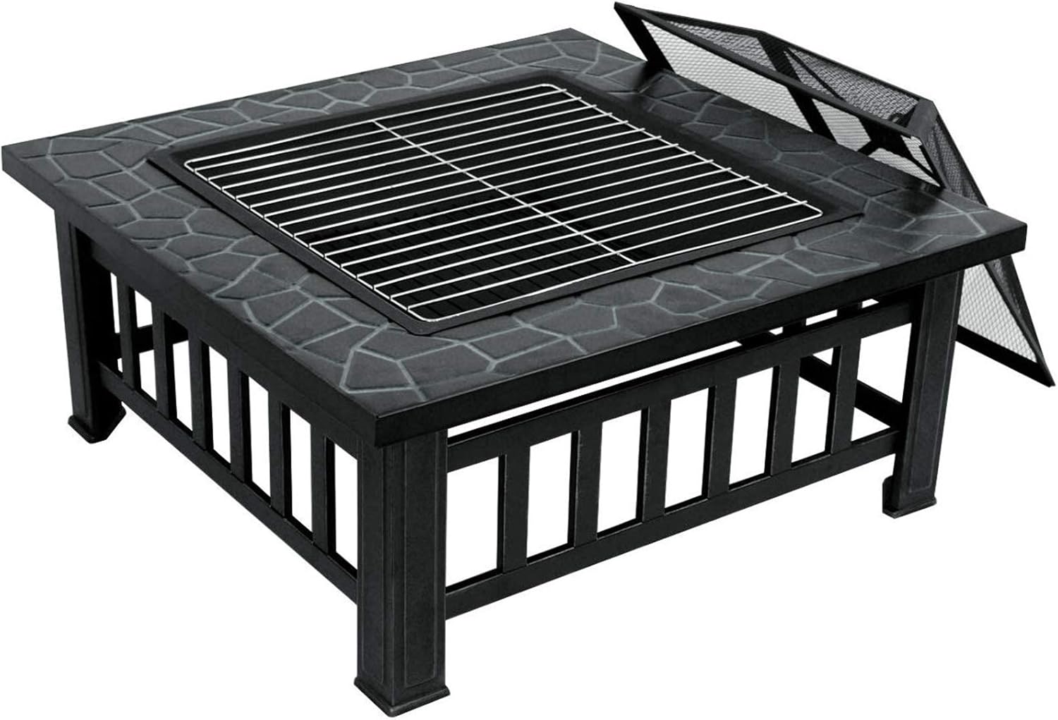 32in Outdoor Wood Burning Square Metal Firepit Table with Grill,Screen and Poker