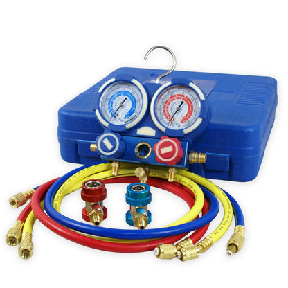 Diagnostic A/C Manifold Gauge Set R134a Refrigeration Kit Brass Auto Serivice Kit 4FT w/Case, 1/4&quot; SAE Fittings