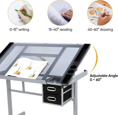 Adjustable Glass Tabletop Drafting Table on Wheels with Storage Drawers