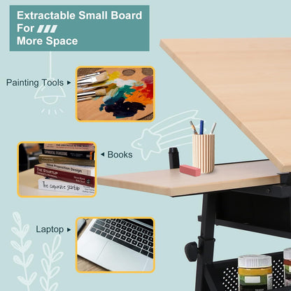 Height Adjustable Drafting Table with Stool and Storage Drawer