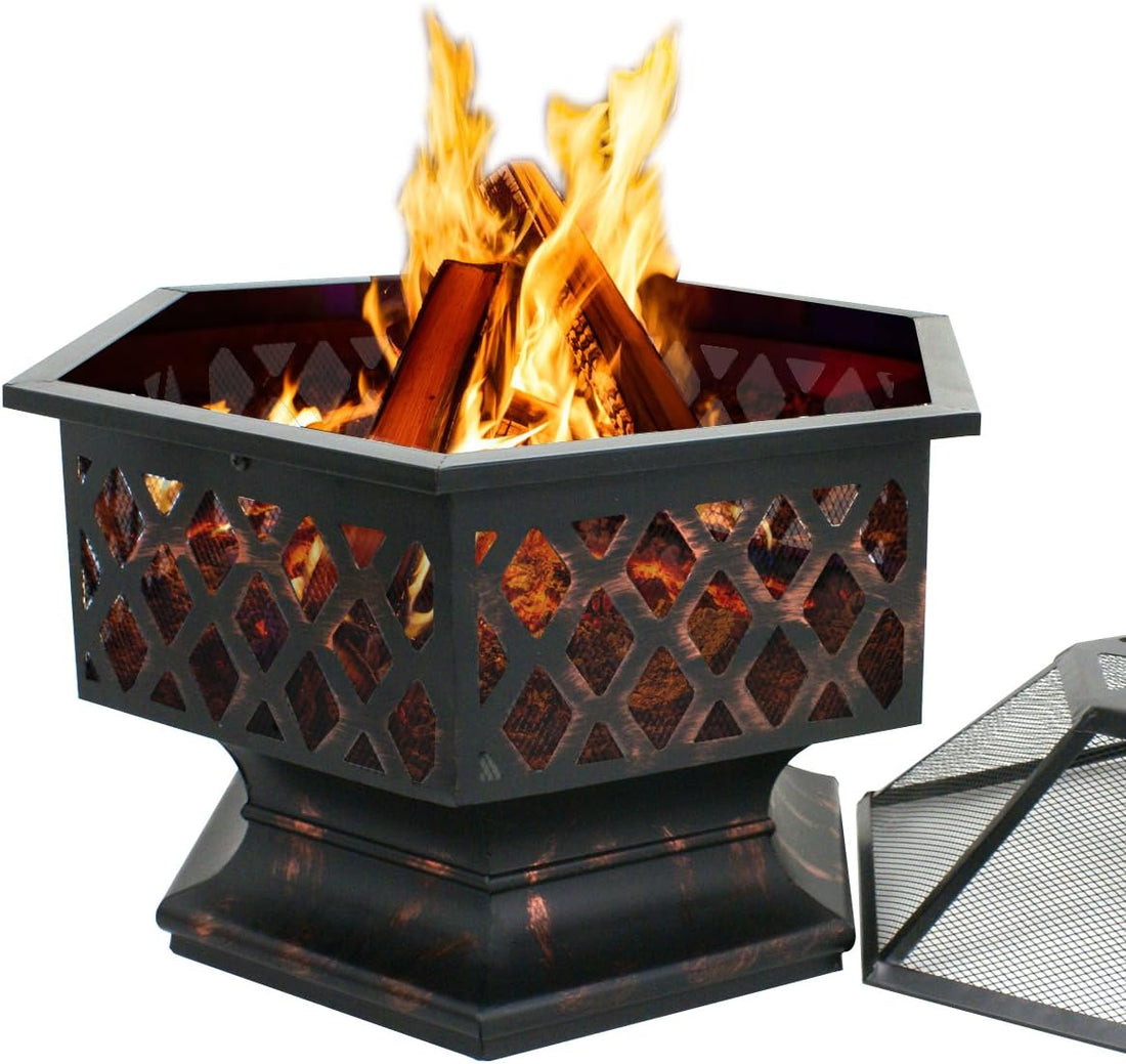 24&quot; Hex Shaped Outdoor Wood Burning Steel Firepit Bowl w/Fire Pit Screen