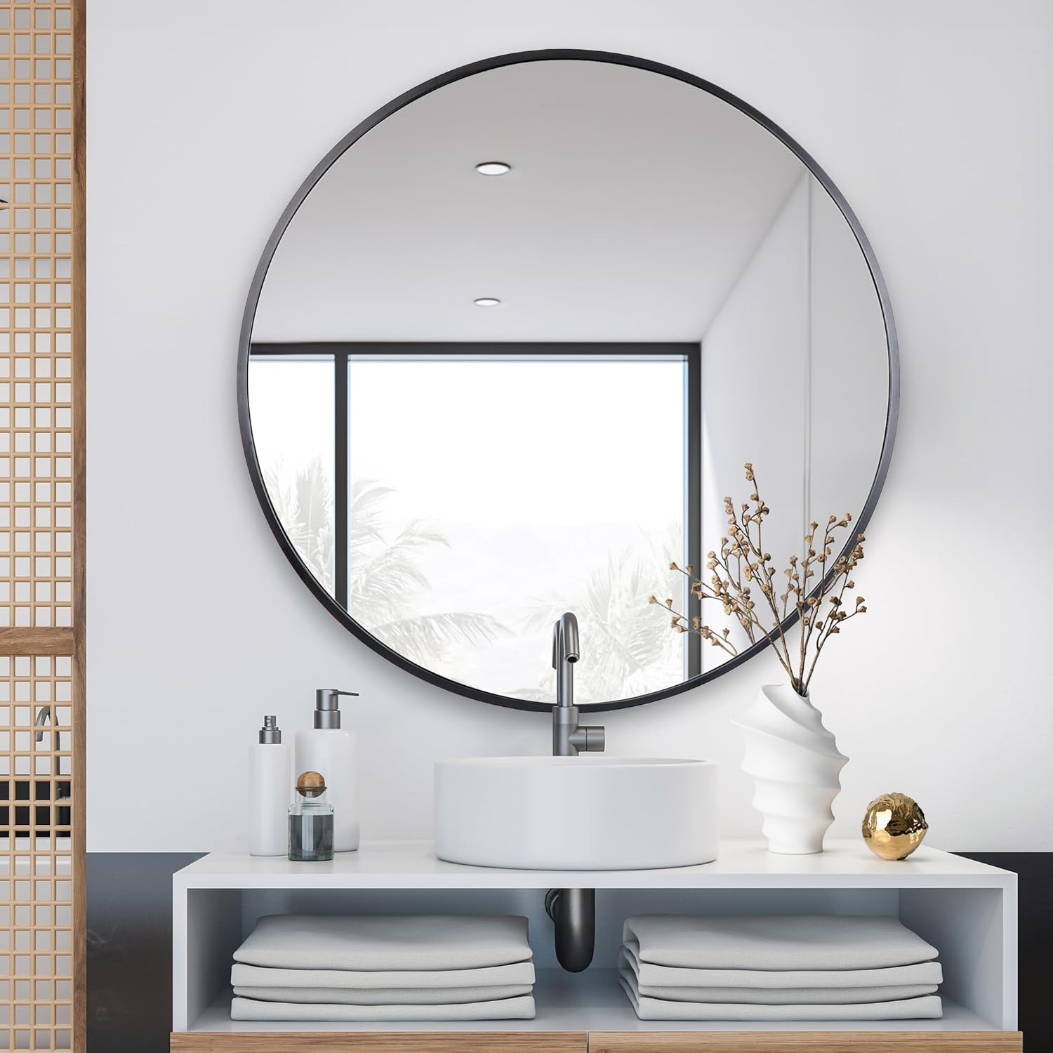 Wall Mounted Round Black Frame Bathroom Vanity Mirror