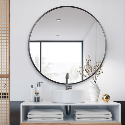 18 Inch Round Wall Mounted Wall Mirror, Black Frame Bathroom Mirror for Wall