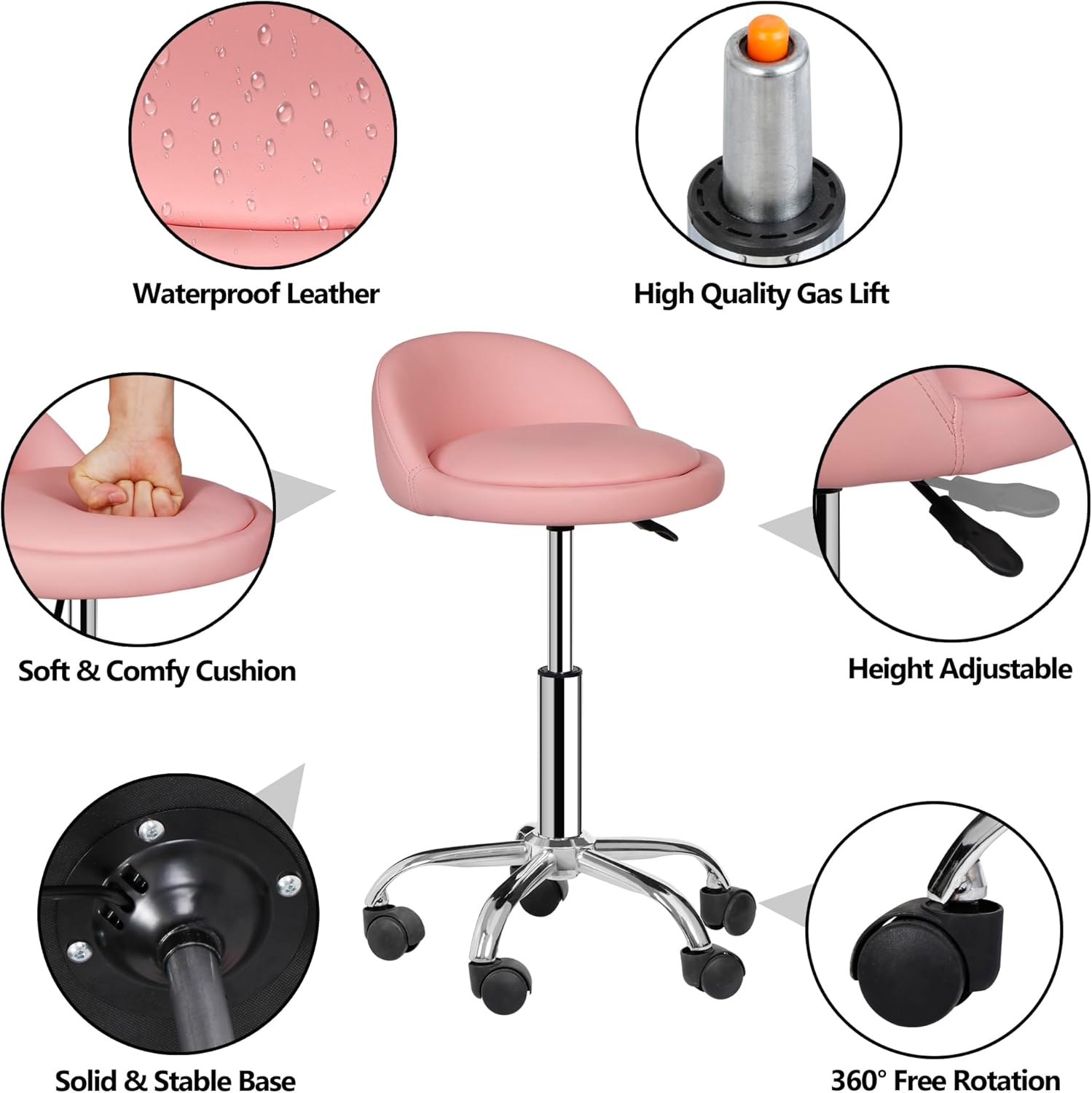 Adjustable Hydraulic Rolling Stool Swivel Salon &amp; Spa Chair with Backrest