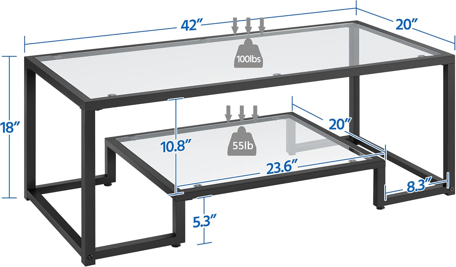 42&quot; 2-Tier Rectangular Glass Coffee Table