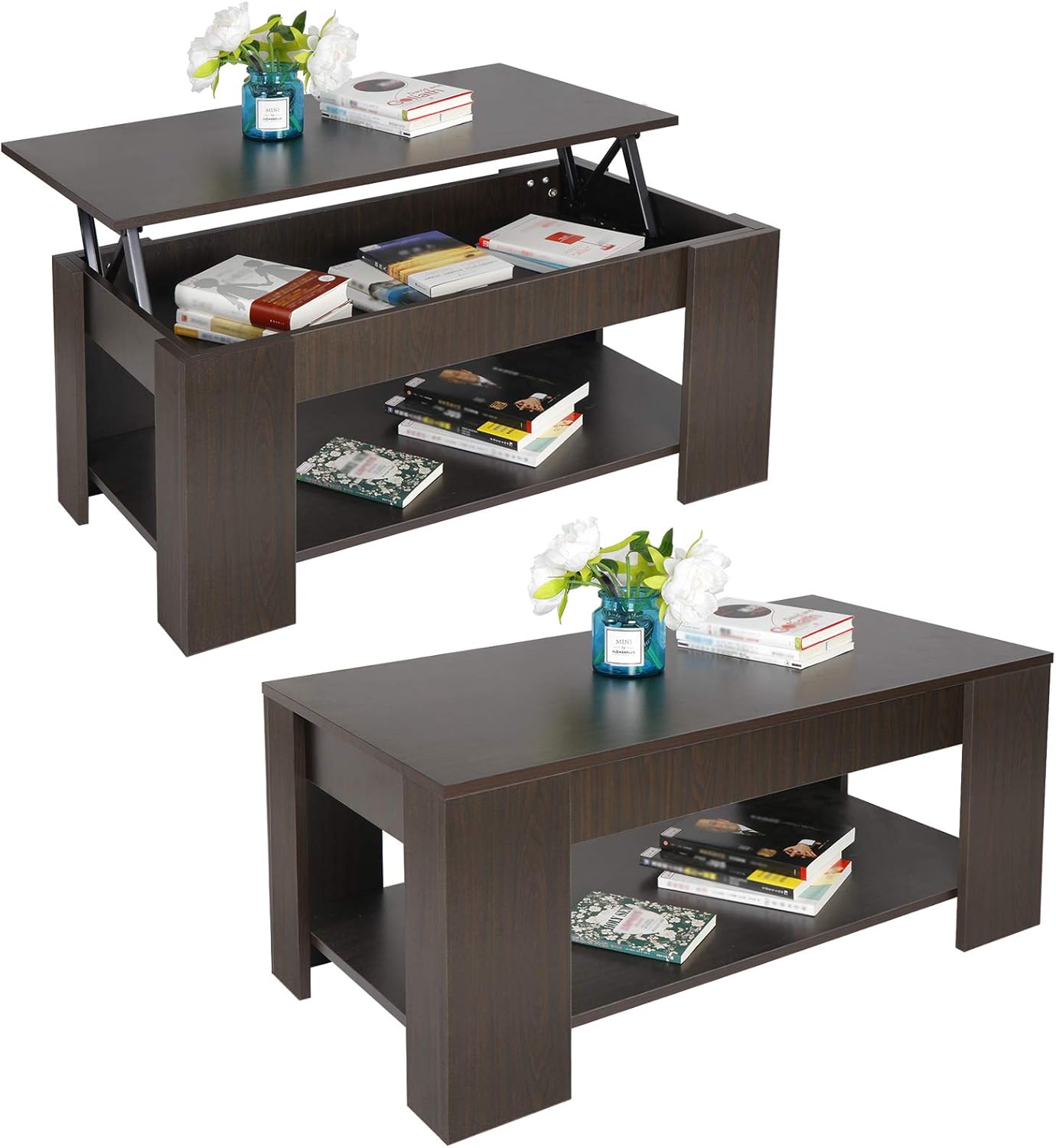 Lift Top Coffee Table with Hidden Compartment and Storage Shelves