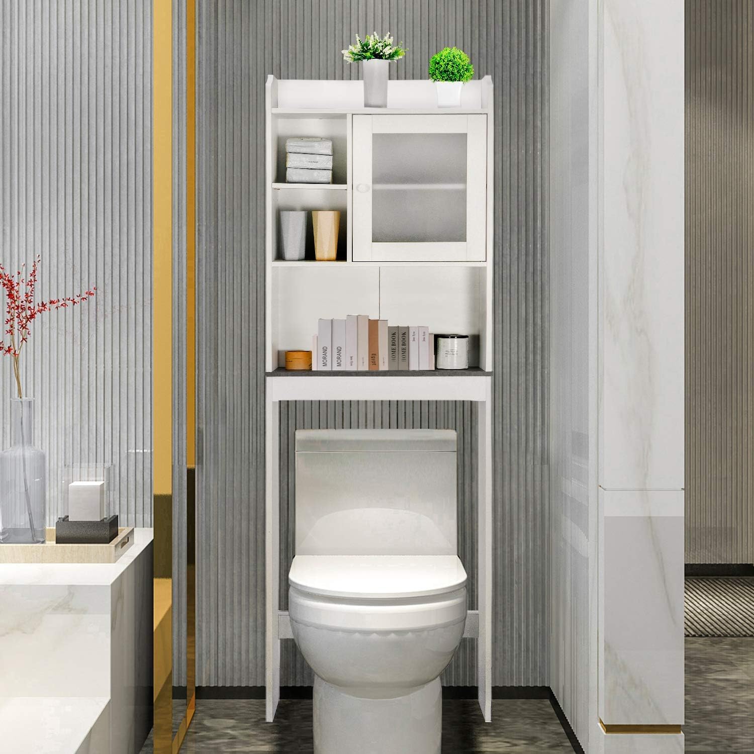 Freestanding Over The Toilet Storage Cabinet with Adjustable Shelf and Double Doors