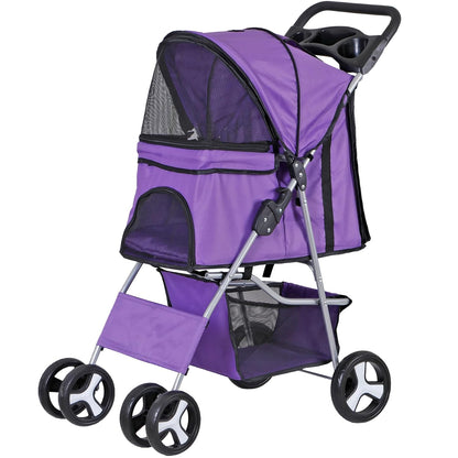 Foldable Cat/Dog Stroller with 4 Wheel with Storage Basket &amp; Cup Holder