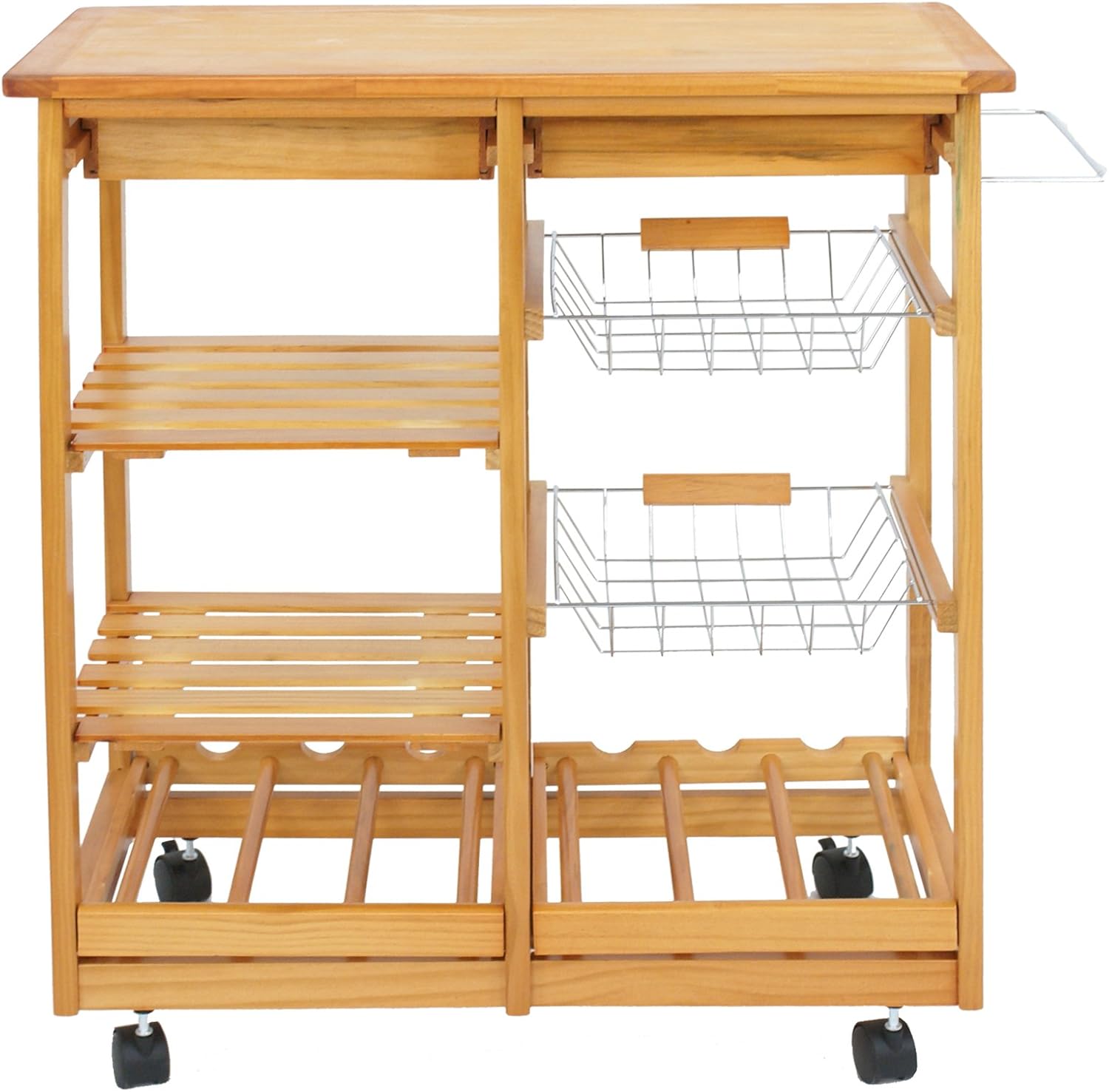 4-Shelf Kitchen Island Cart with Drawers Basket and Wheels - Wooden Storage Trolley Organizer