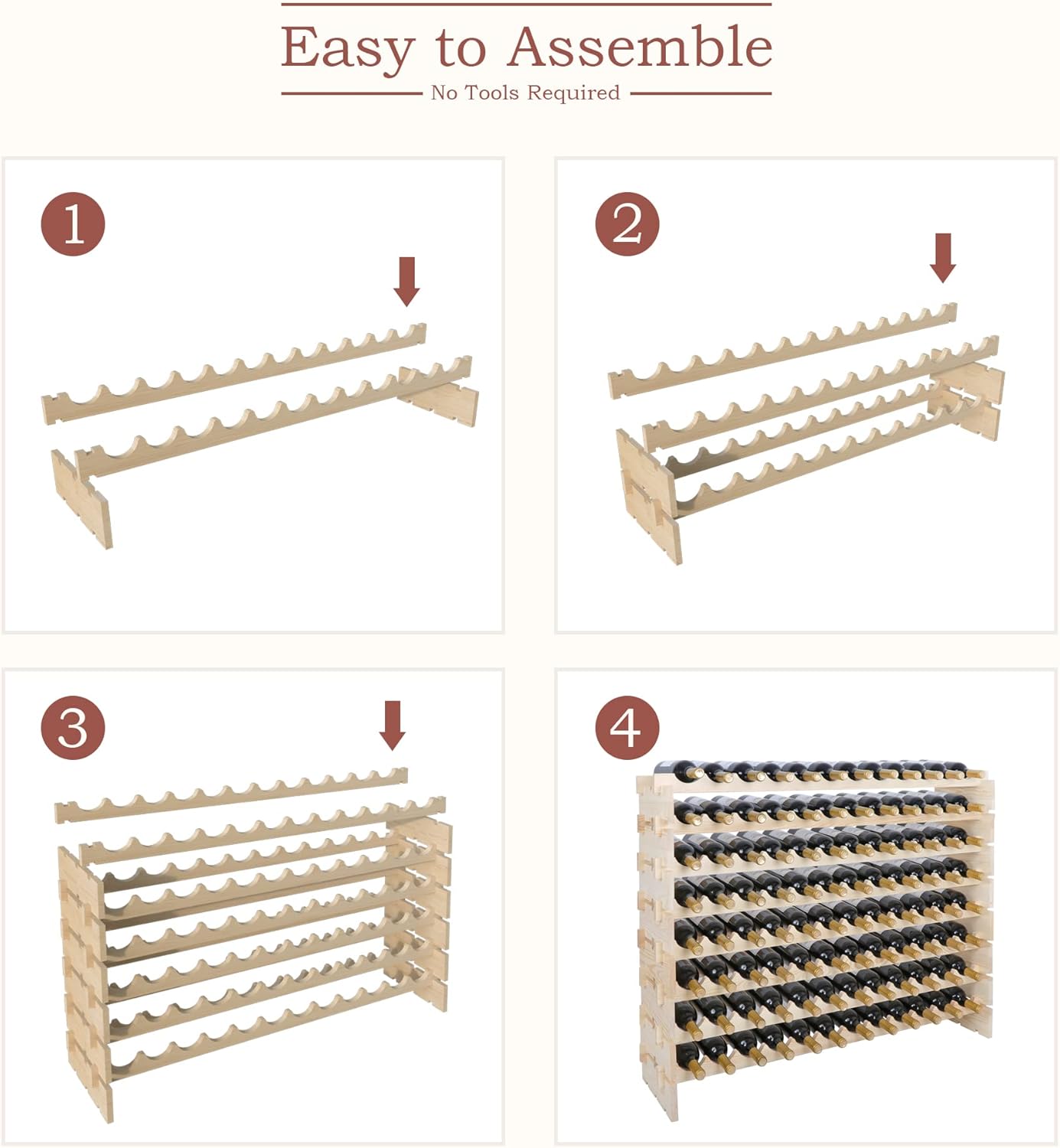 Stackable 8-Tier Wooden Wine Rack for 96 Bottles - Freestanding and Wobble-Free Storage