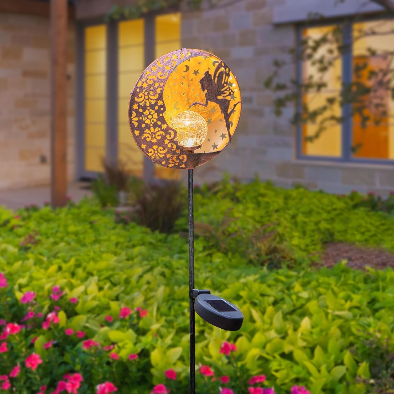 Solar Fairy Garden Lights - Moon Star Glass Globe Pathway Stake, Waterproof Outdoor Decorative Lights for Patio, Yard, Lawn