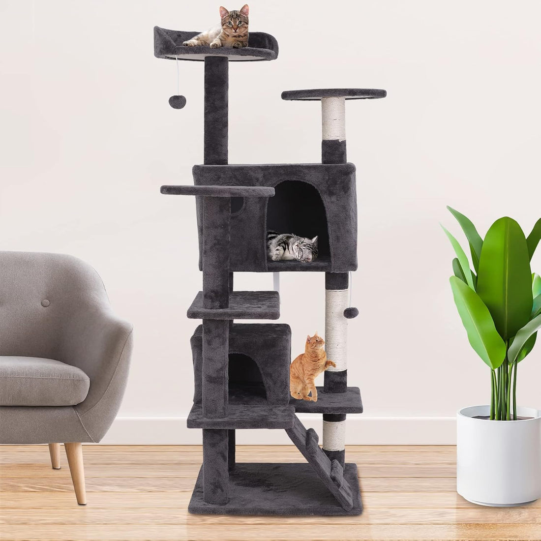 Cat Tree with Sisal-Covered Scratching Posts and 2 Plush Rooms