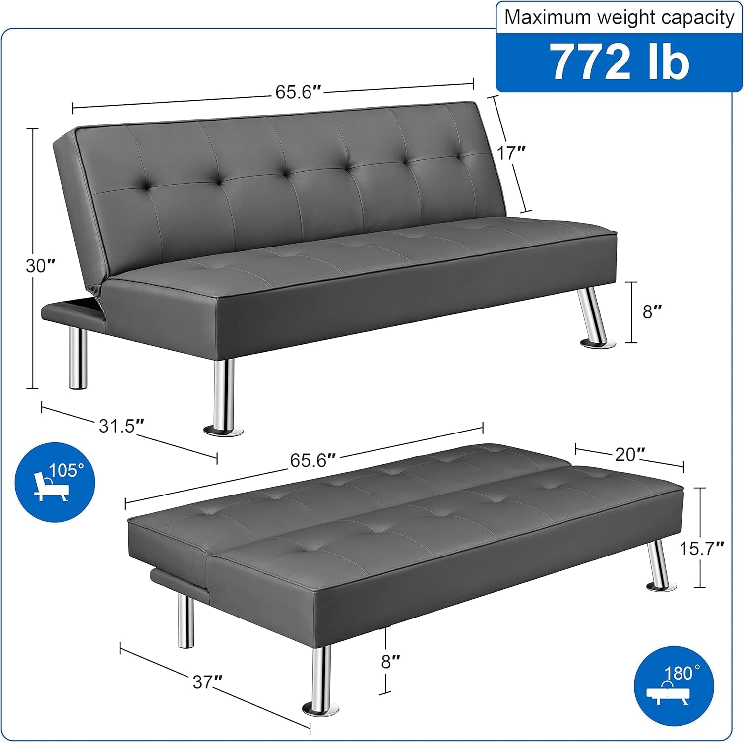 Convertible Sofa Couch Futon Bed Faux Leather Sofa Bed Sleeper Adjustable Loveseat Futon Couch Living Room Furniture with Chrome Metal Legs, Gray