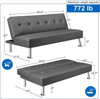 Convertible Sofa Couch Futon Bed Faux Leather Sofa Bed Sleeper Adjustable Loveseat Futon Couch Living Room Furniture with Chrome Metal Legs, Gray