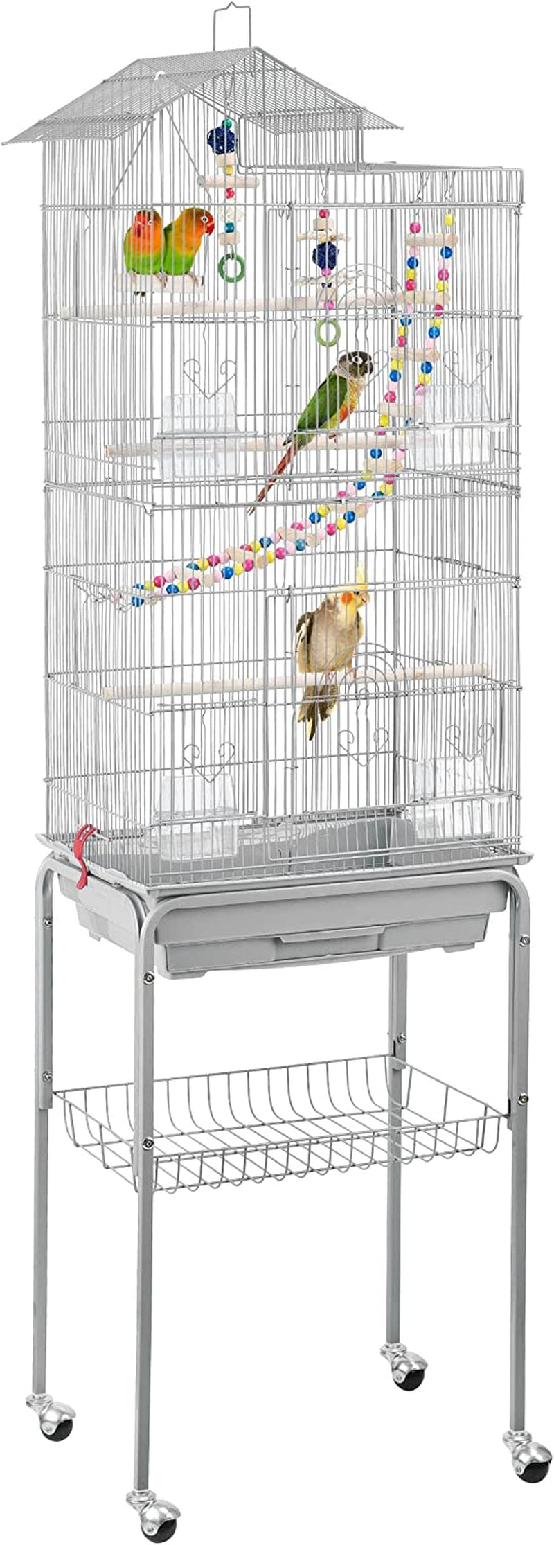 Bird Cage 64-Inch Play Open Top Medium Small Parrot Parakeet Bird Cages with Detachable Rolling Stand for Parrot Lovebirds Finches Parakeets Budgie Parrotlet Conures, Pet Flight Birdcage