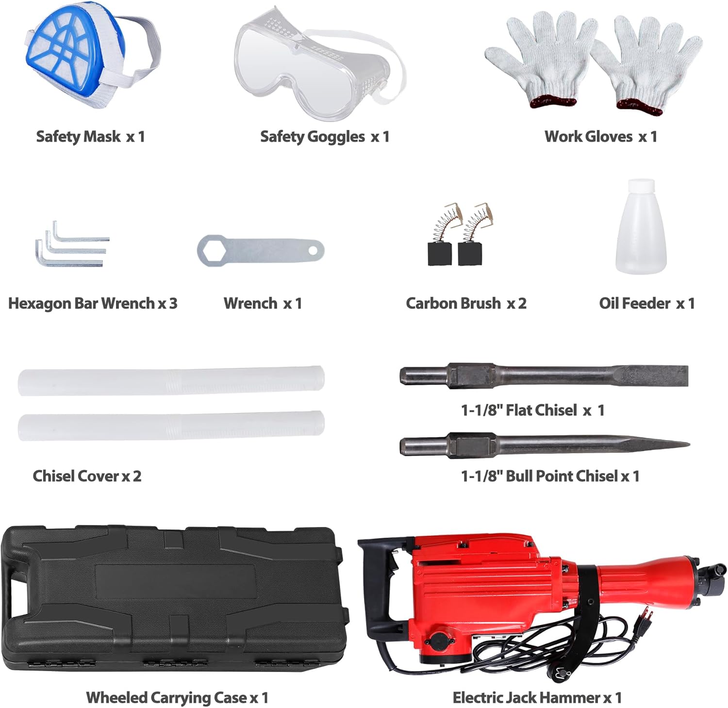 2200W Heavy Duty Electric Demolition Jack Hammer Concrete Breaker Drills w/Case, Gloves 2 Chisel 2 Punch Bit Set