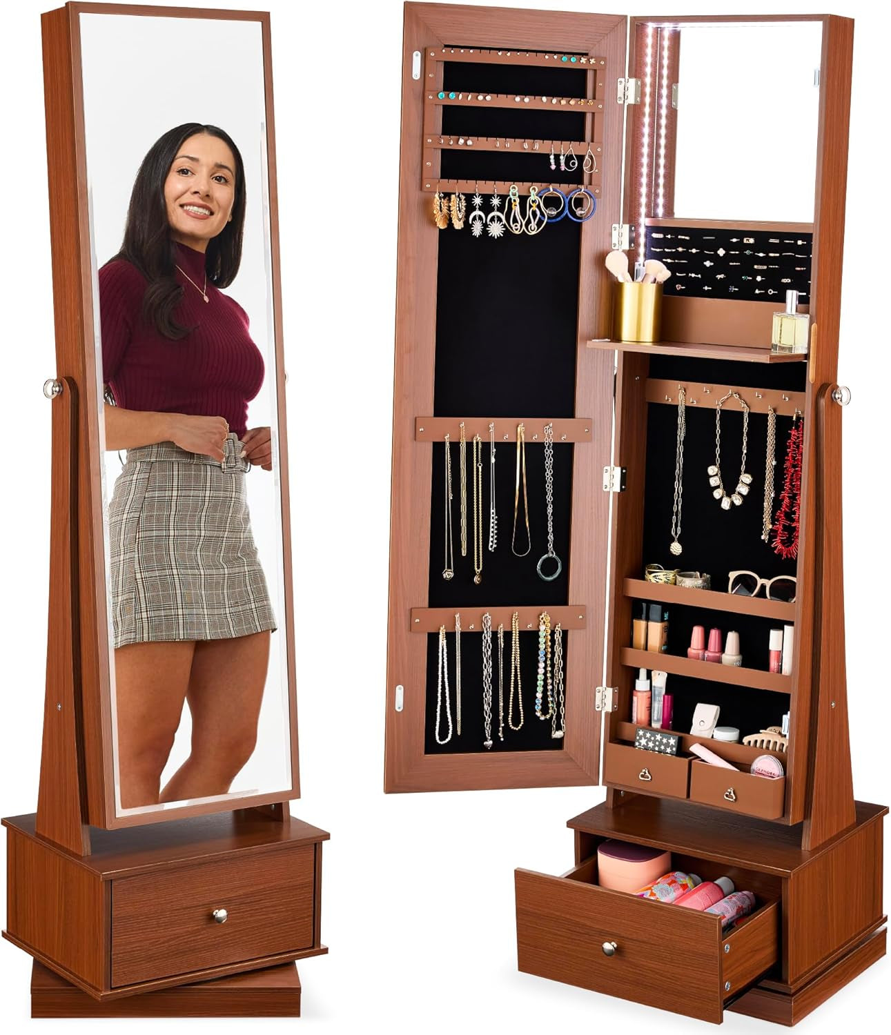 360 Swivel Mirrored Jewelry Cabinet, Standing Armoire, Makeup Storage Organizer, W/Led-Lit Mirror, 3 Shelves - White