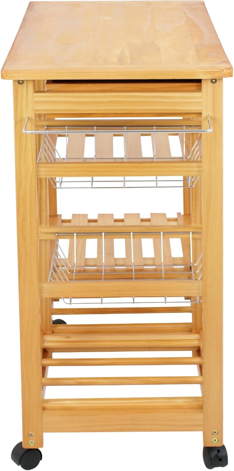 4-Shelf Kitchen Island Cart with Drawers Basket and Wheels - Wooden Storage Trolley Organizer